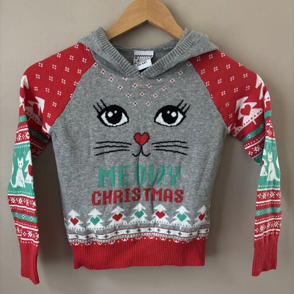 Kids Holiday Sweater Hoodie Size L 10-12 Gray Cat Motif Christmas Festive - Picture 1 of 6